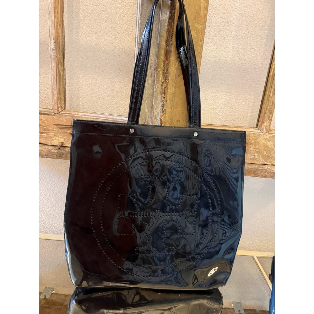 Vintage TORY BURCH Black Patent Leather Large Square Tote Bag Purse Handbag
